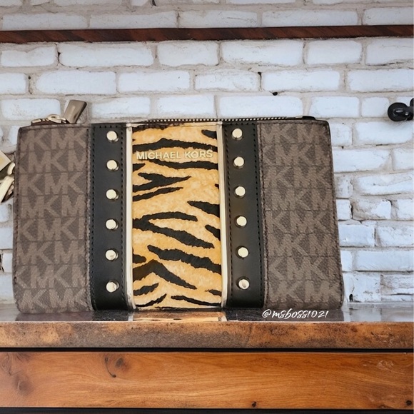 Micheal Kors Rhea Studded Logo and Tiger Print Calf Hair Backpack + Wallet NWT - Picture 9 of 11